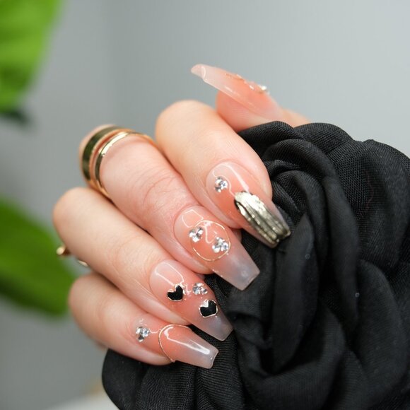 tipsy | Handmade Press On Nails | Coffin Medium | Little Black Hearts - Picture 1 of 16